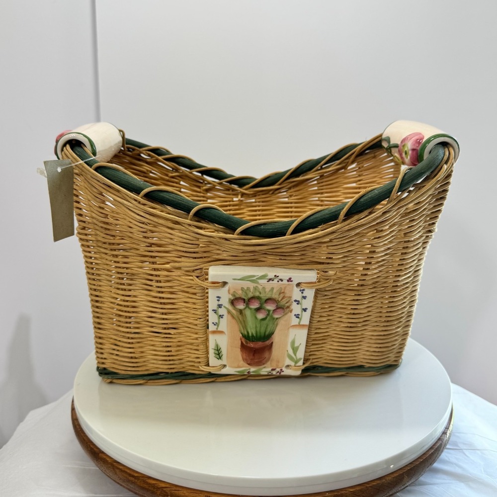 Vintage 80s Cottagecore Wicker Basket with Ceramic Floral Relief Tile and Handle